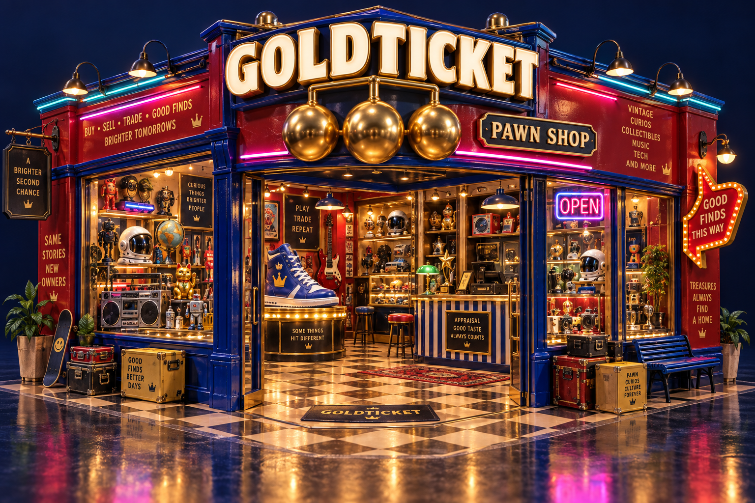 GoldTicket neon pawn-shop artwork: gold pawn balls, cherry-red walls, blue enamel, collectible finds and a glowing counter